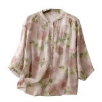Women’s Light Rose Floral Printed Button Down Shirt with Mandarin Collar