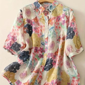 Women’s Casual Button-Down Shirt with Multicolor Floral Print & Half Sleeves, Collar Neck