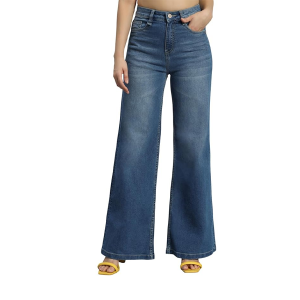 Women High Rise Wide Leg Full Length Cotton Poly Lycra Jeans