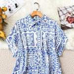 Women's Polyester Shirt with Pocket Half Raglan Sleeves Spread Collar Neck Geometric Printed Relaxed Fit and Standard Length
