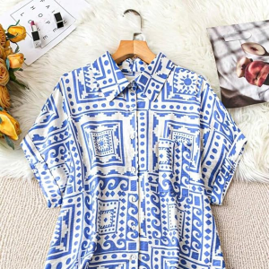 Women's Polyester Shirt with Pocket Half Raglan Sleeves Spread Collar Neck Geometric Printed Relaxed Fit and Standard Length