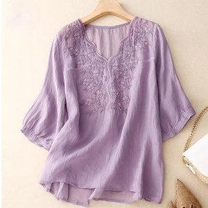 Womens Elegant Beige Floral Embroidered Tunic Top with Scalloped V Neck, Elbow Length Sleeves, Relaxed Fit, Lightweight, Casual Ethnic Style Top