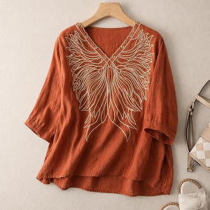 Women's Embroidered Top for Women, Maroon V Neck Rayon, 3/4 Sleeve Casual Loose Fit Tunic, Boho Blouse for Women, Korean Style