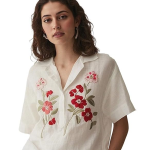 Designer Women Cream Cotton Embroidered Tops | Floral Thread Work Short Sleeve Shirt | Casual Summer Wear for Office & Daily Use