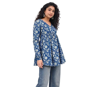 Women's Blue Floral Print Cotton Tunic Top