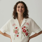 Designer Women Cream Cotton Embroidered Tops | Floral Thread Work Short Sleeve Shirt | Casual Summer Wear for Office & Daily Use