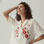 Designer Women Cream Cotton Embroidered Tops | Floral Thread Work Short Sleeve Shirt | Casual Summer Wear for Office & Daily Use